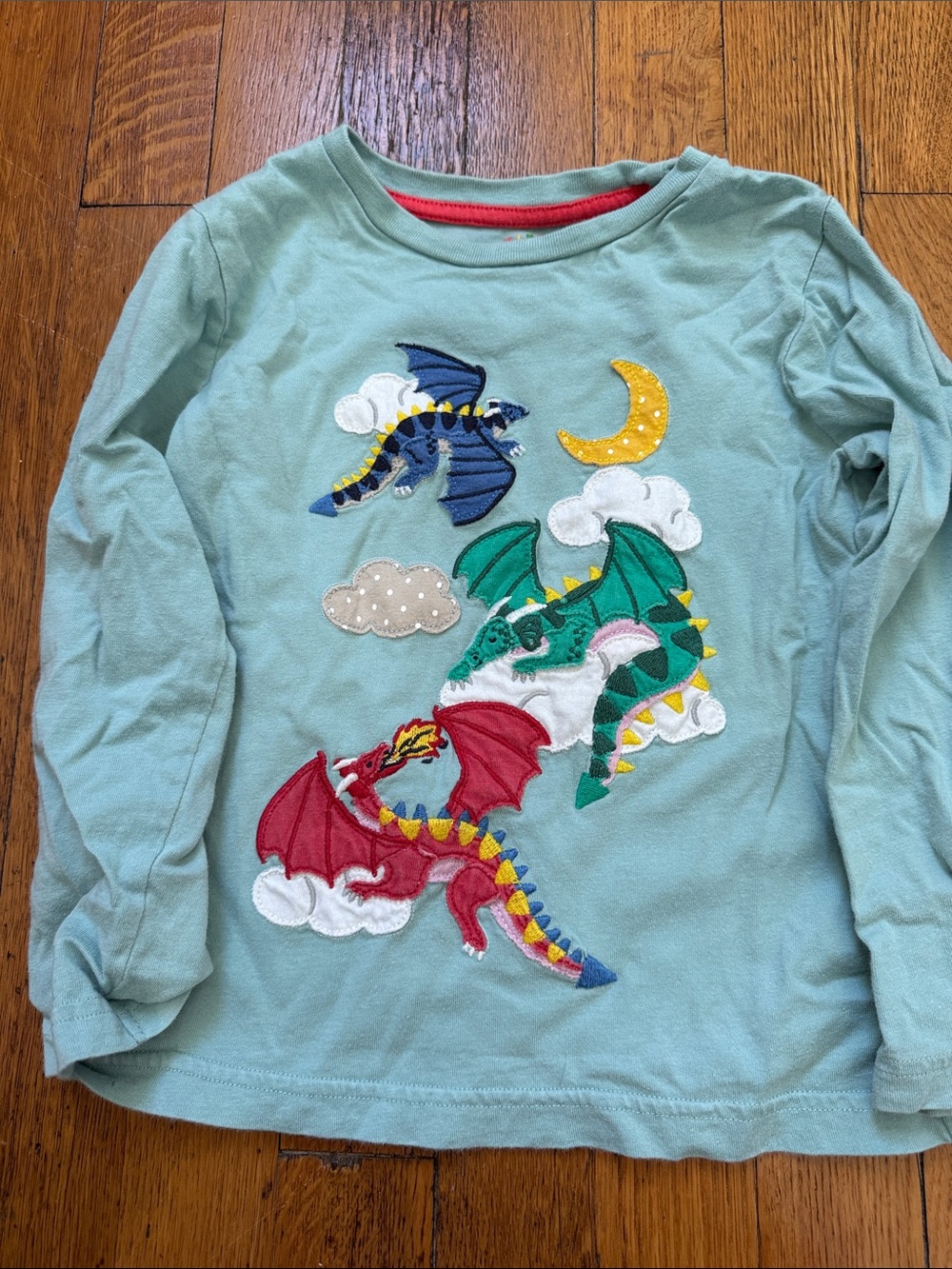 Mini Boden Light Teal Long-Sleeve Tee with Multi-Color Dragon Appliqués